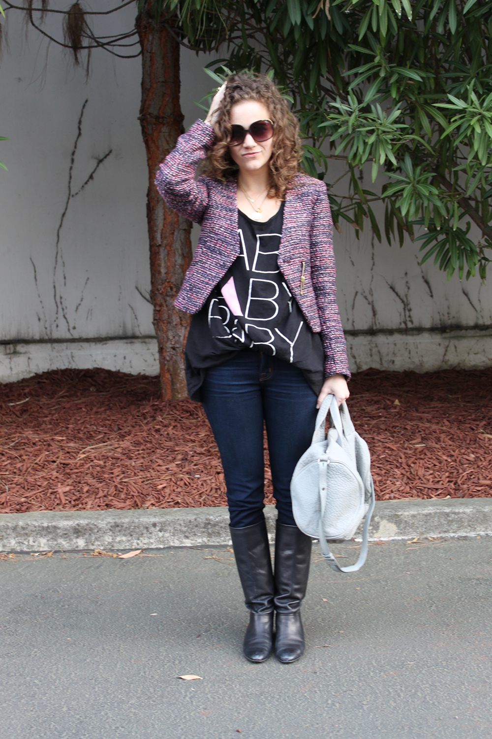 kate franco of undeniable style in casual tweed jacket and sincerely jules tee