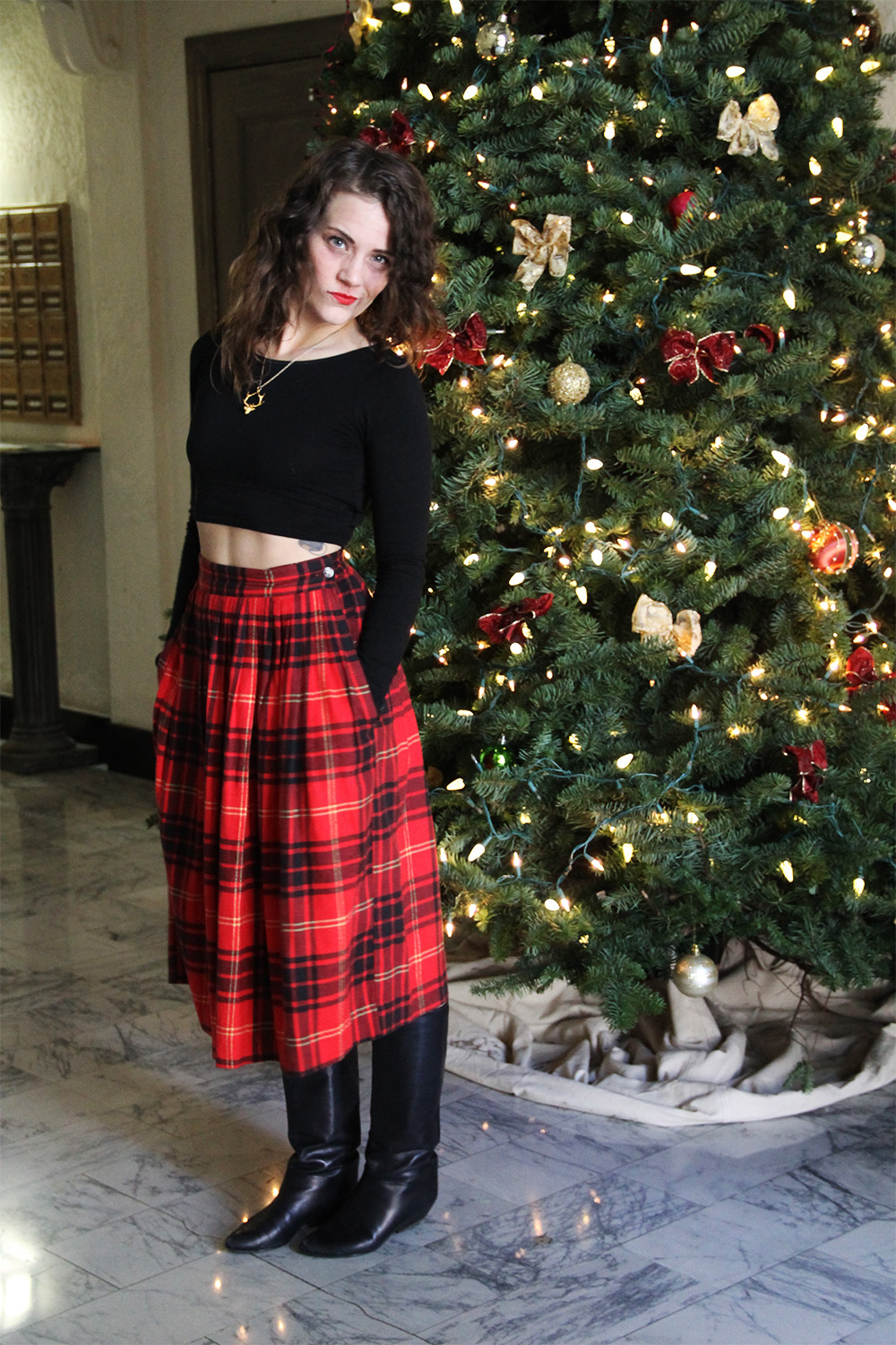vintage tartan plaid midi skirt with crop top and riding boots